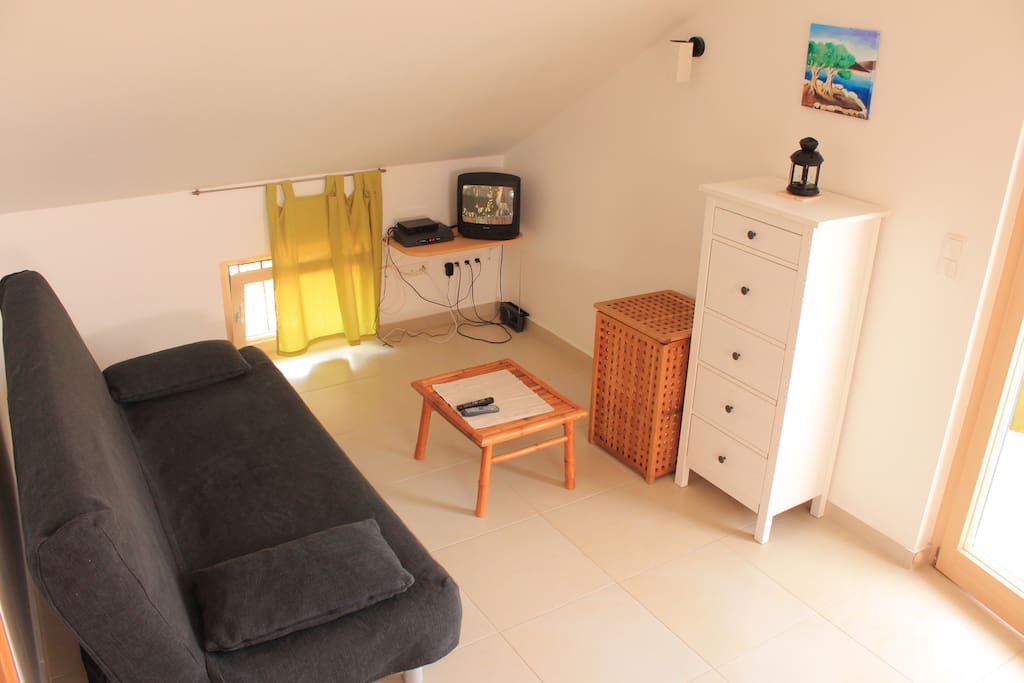 Living room with satellite television and sofa that can be transformed into double bed