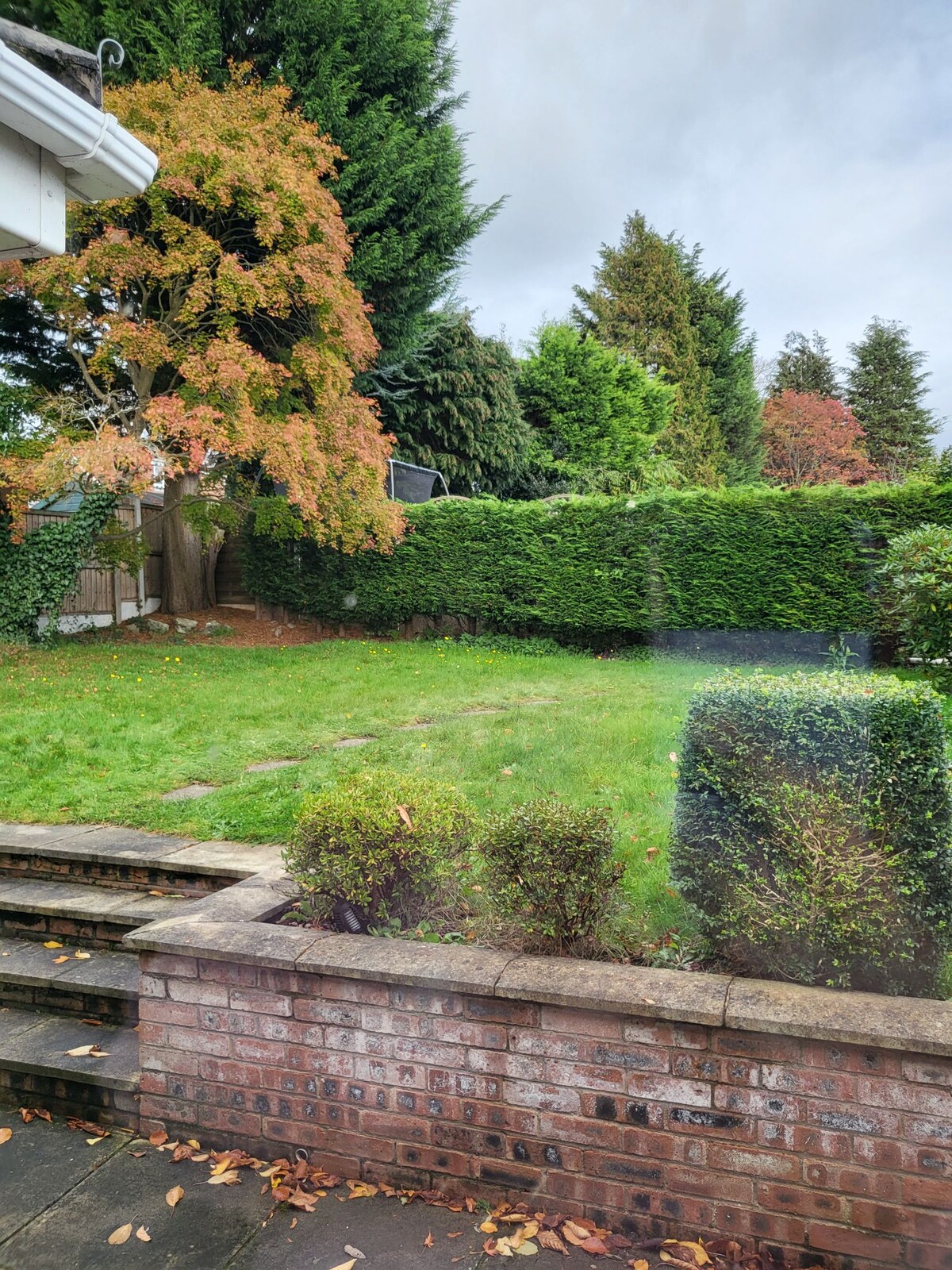 A well-maintained garden area is visible, featuring a lush green lawn surrounded by neatly trimmed hedges and various trees displaying autumn foliage. A stone pathway leading towards the garden is framed by low brick walls, creating a defined outdoor space.