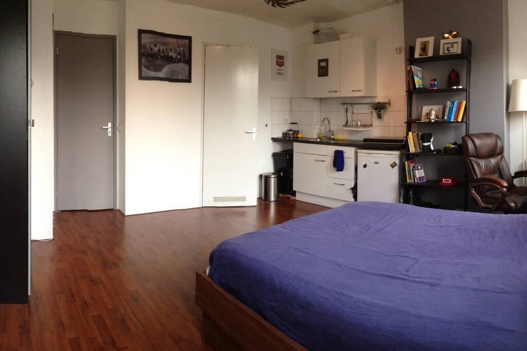The grey door on the left is the entrance, the white door on the right gives access to the bathroom