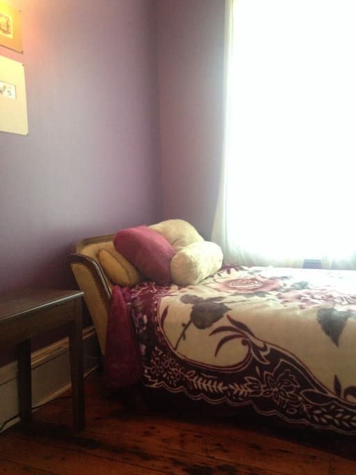 The twin bed is a chaise lounge adapted for sleeping comfort.