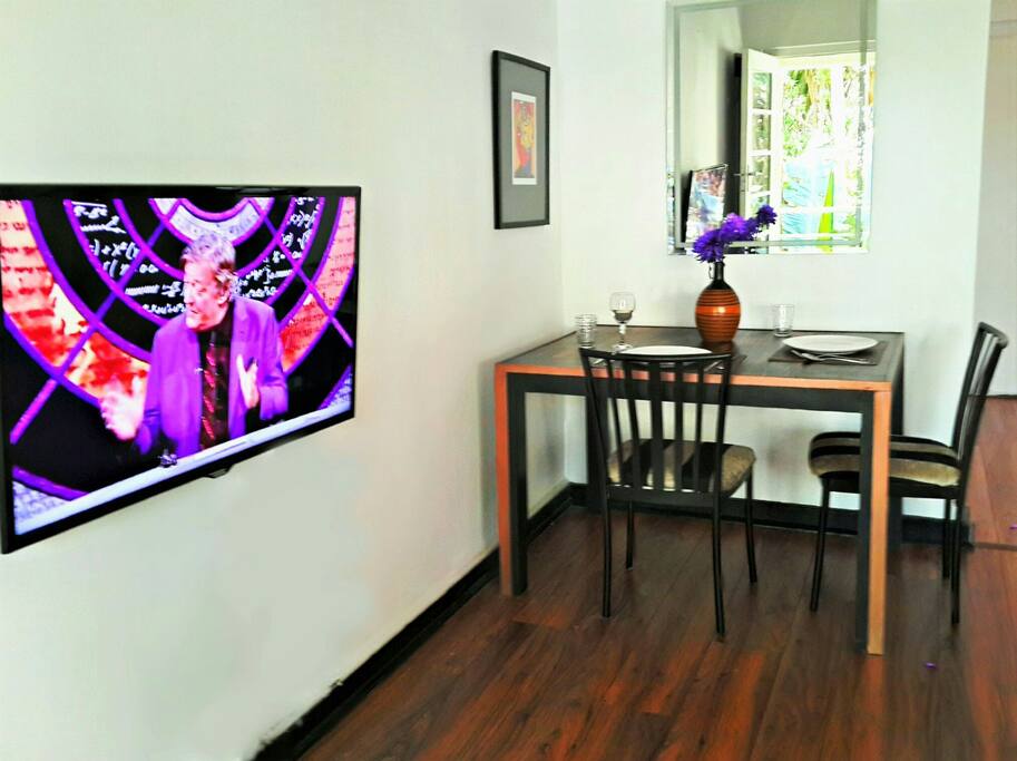 42in flat screen with Internet TV streaming and a Netflix account.