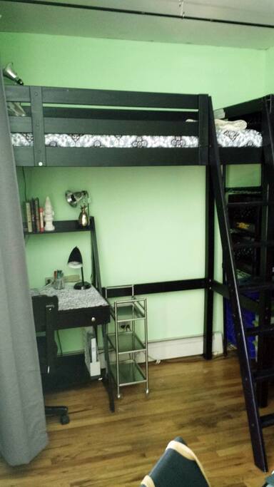 Complete with work desk, storage and black-out floor to ceiling curtains for privacy.
