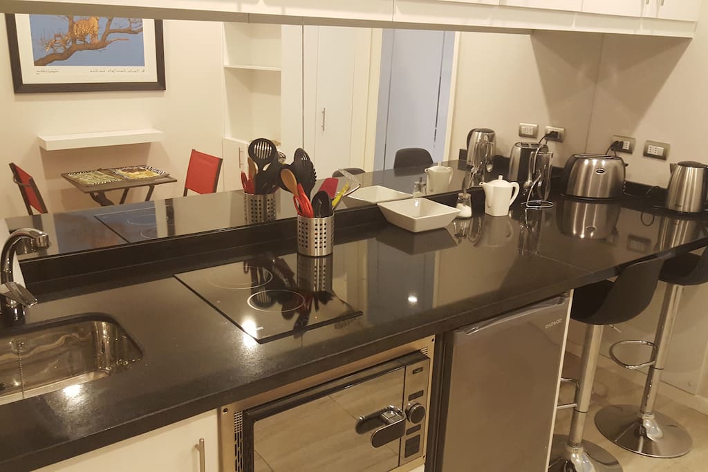 Fully equipped kitchen with stove, oven grill and fryer.