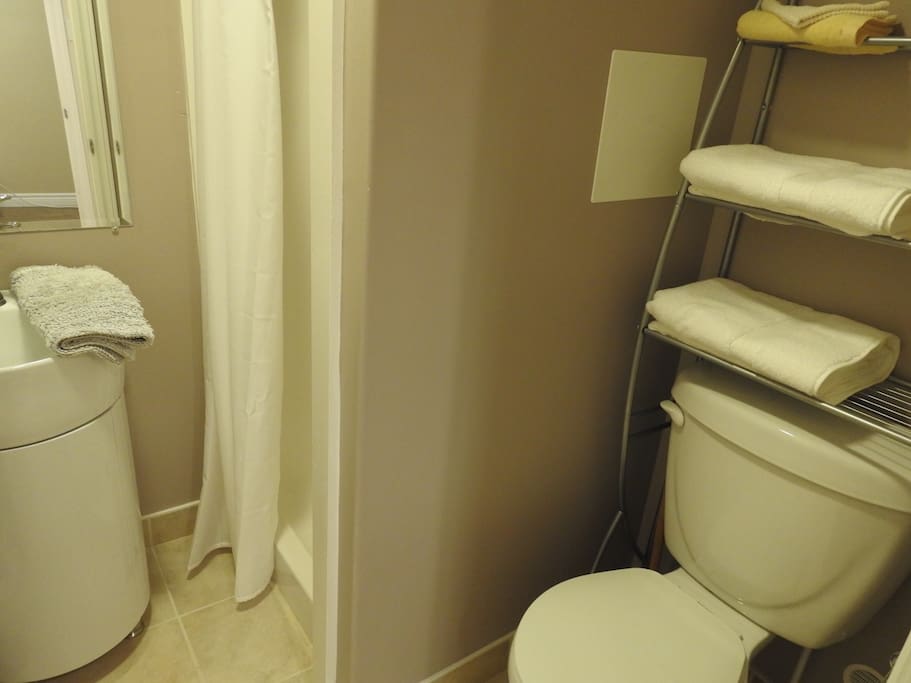 Bathroom, stand up shower, soap, shampoo, towels provided