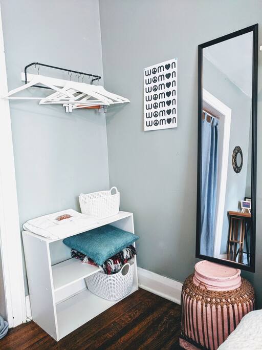 Hangers, shelving, extra blanket and towels provided in room.
