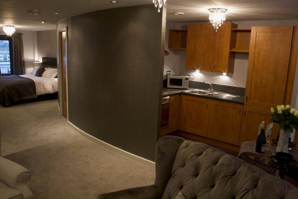 Kitchenette and bedroom areas