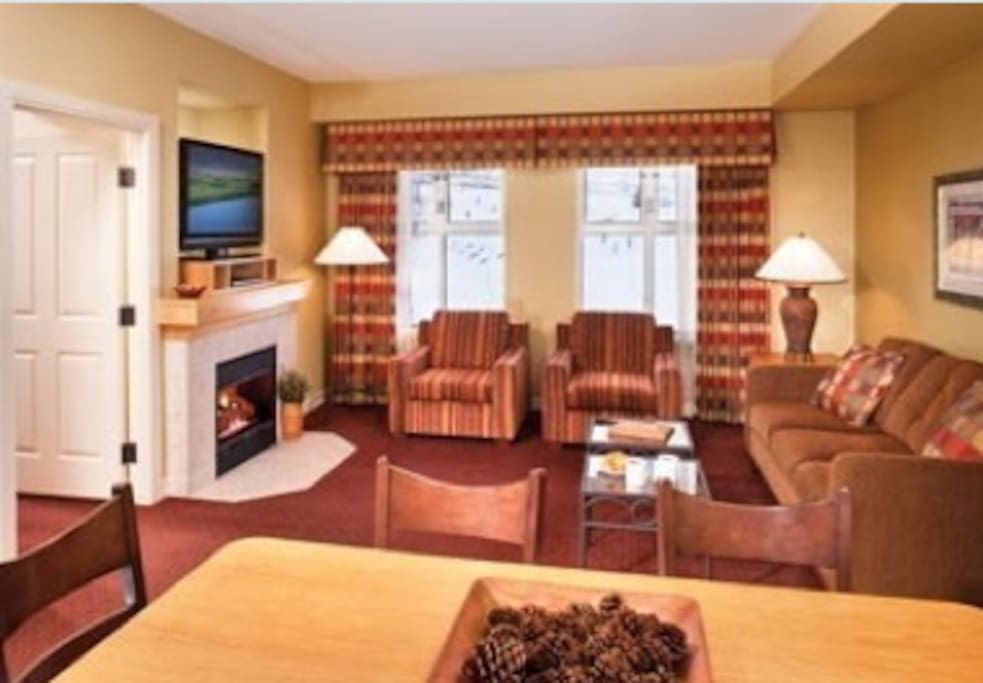 Big living room has fireplace and pull-out couch.