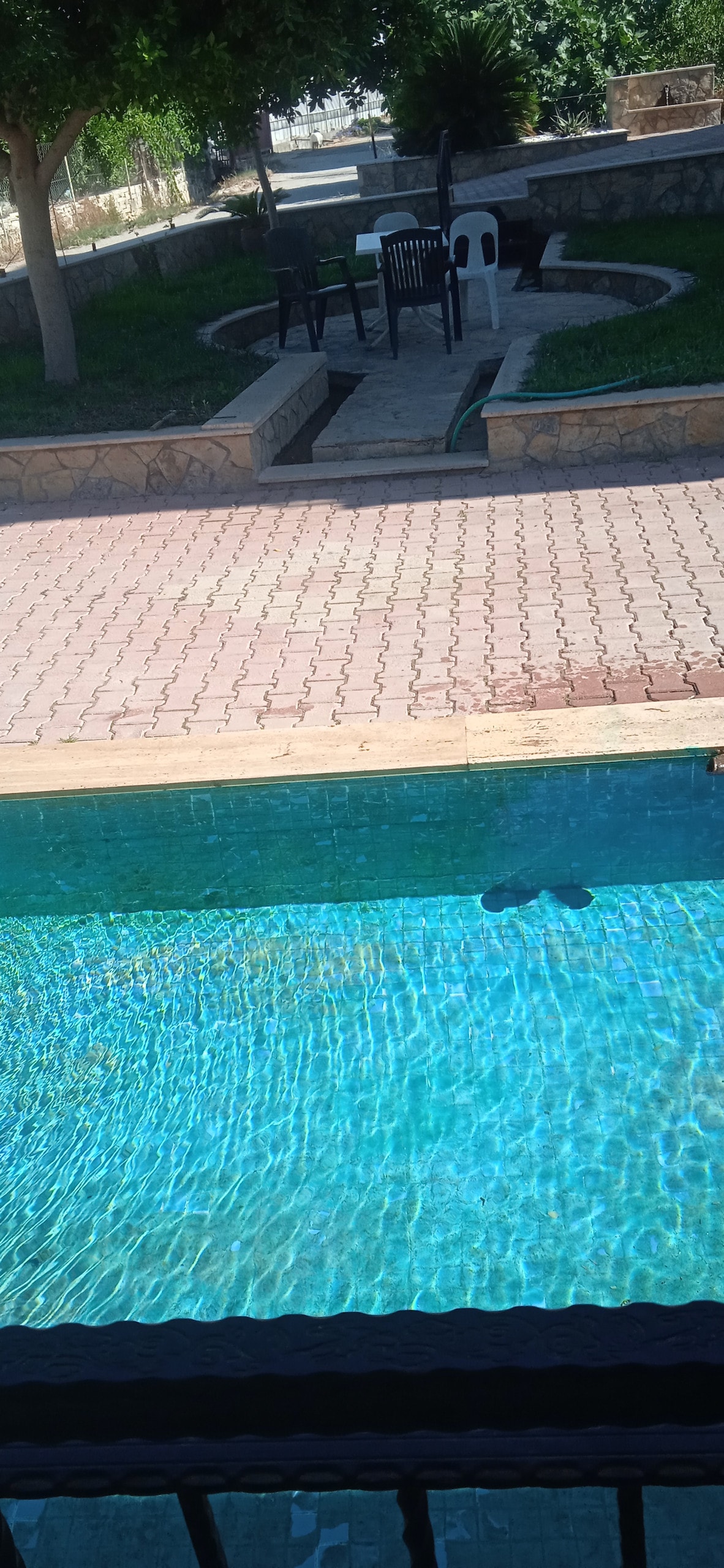 A clear swimming pool reflects sunlight, surrounded by a paved deck. Nearby, a landscaped area features trees and seating arrangements positioned on a grassy patch, creating a welcoming outdoor environment.