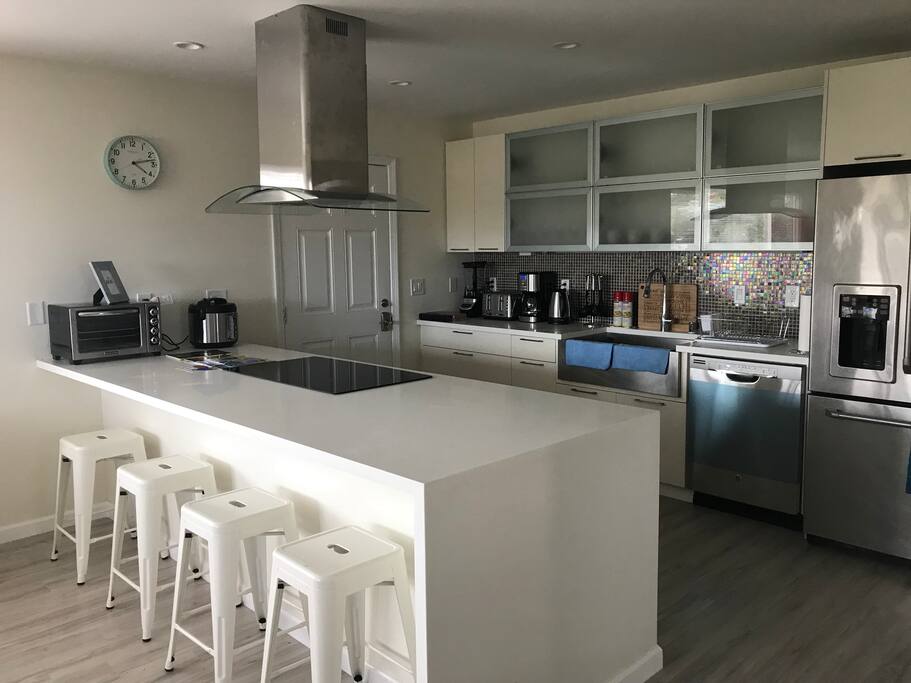 Full Kitchen with refrigerator, ice maker, induction cooktop, advantium 3 in one (oven, convection oven and microwave), coffee maker, coffee grinder, toaster, ninja blender, rice cooker, electric kettle and a mini oven on the counter top!