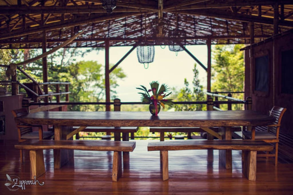 Communal dining room with ocean view.