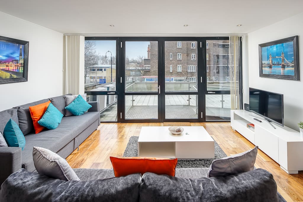 Spacious living room with a sofa bed