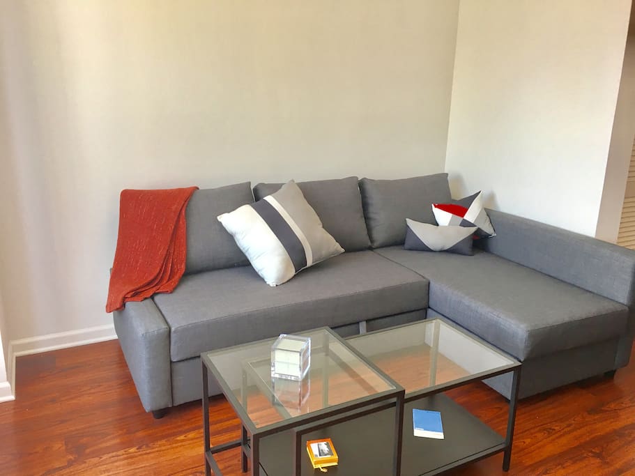 Couch in living room pulls out to be a Queen bed.