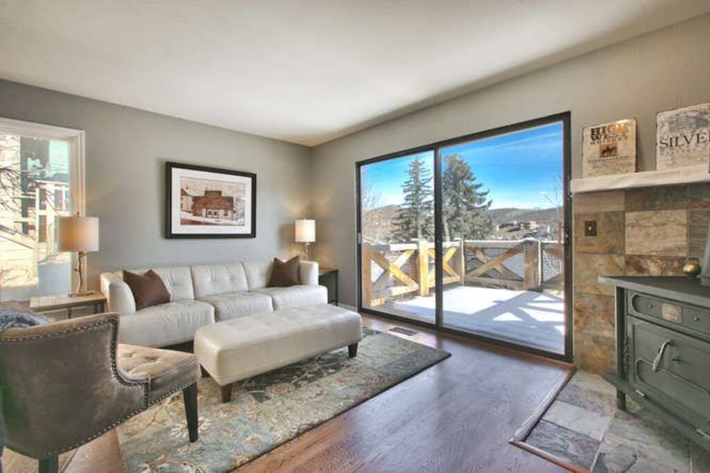 Living Room with wood burning stove, HD flat screen TV, spectacular views