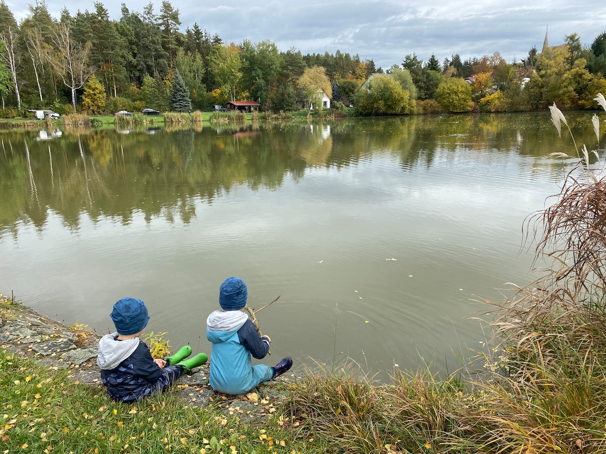Two children are seated at the water's edge, looking out over a serene lake surrounded by trees and foliage. The calm water reflects the cloudy sky, while fallen leaves float nearby. The children are dressed in colorful jackets and hats, holding sticks.
