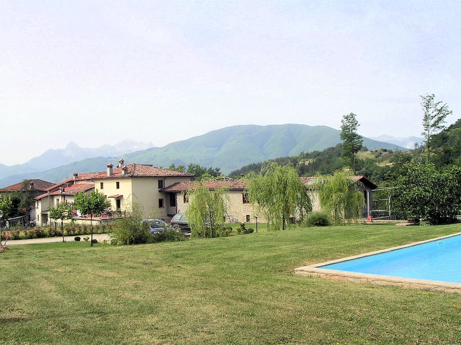 view from pool area towards the farmhouse