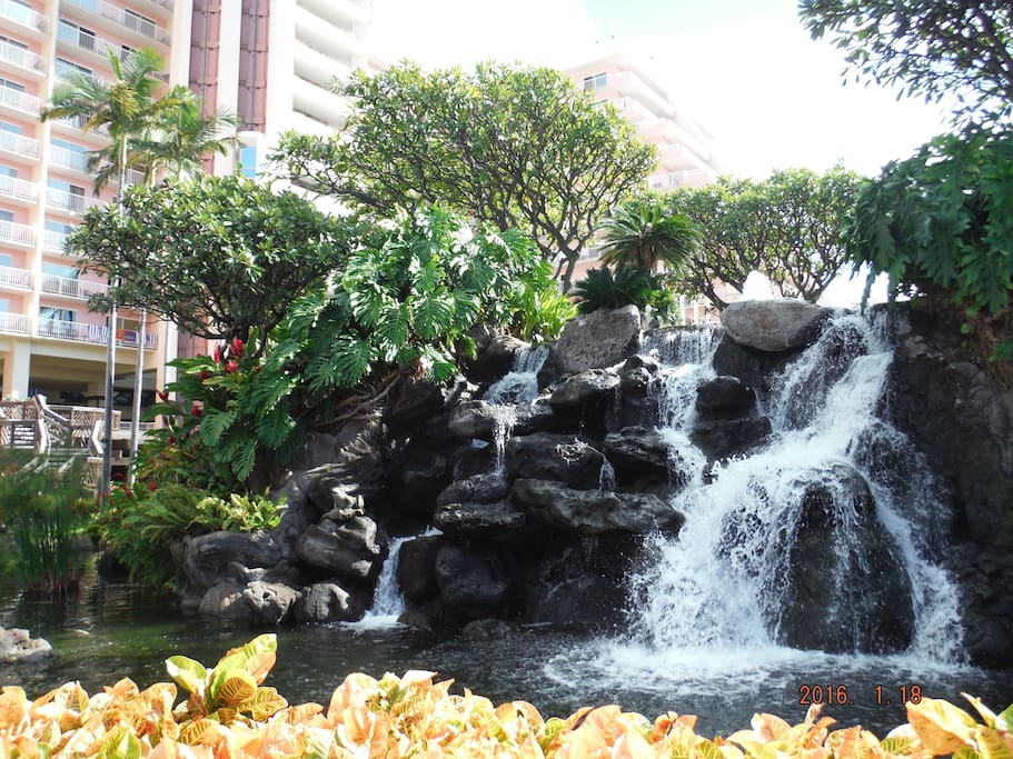 Waterfalls and lush tropical grounds around the KBC resort.