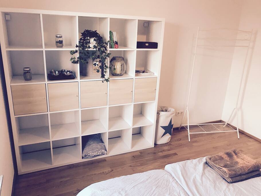 Some storage space and a clothes rack