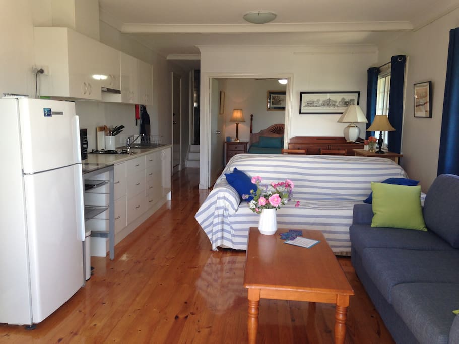 Living area on Blue Side showing couch on the left and queen sofa bed on the right.