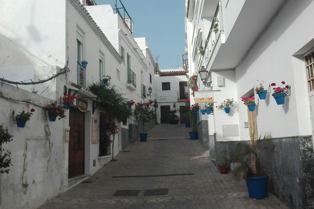 Preciosa calle y puerta lateral llena de geranios andaluces