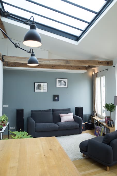 The living room with the large skylight window