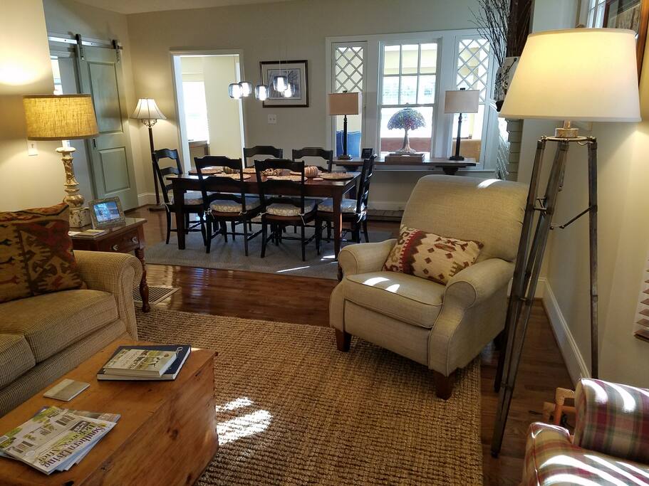 The open floor space combines three rooms for entertaining yourself or a handful of your good friends or family. The sun porch flows into the dining area that is next to the den. There's enough room for everyone to watch a movie together or three different things could be going on and no one would feel cramped for space.