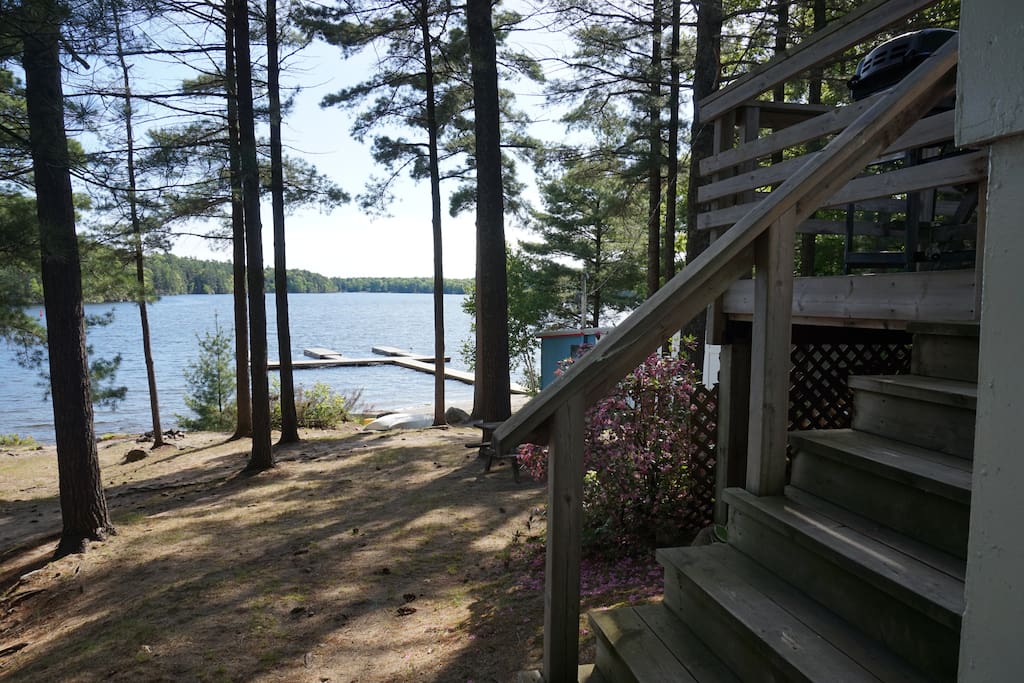 View from front of cottage with steps and front deck