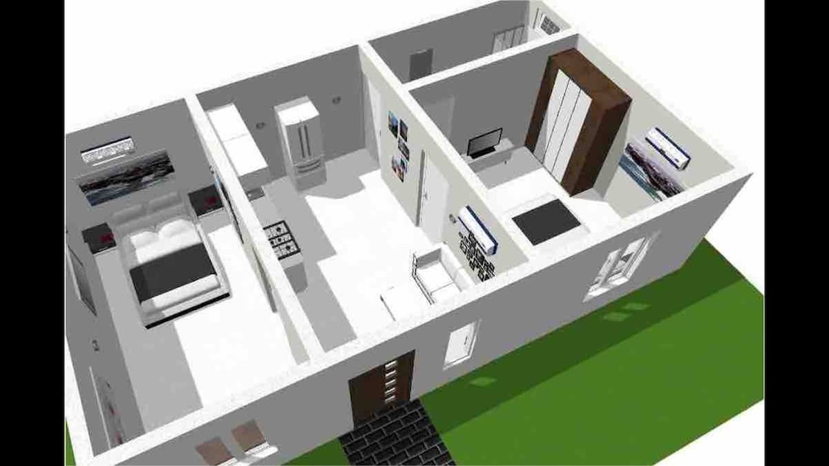 2间卧室的鸟眼布局/完全自控空调/独立空调，私人停车场位于您自己的联排别墅前