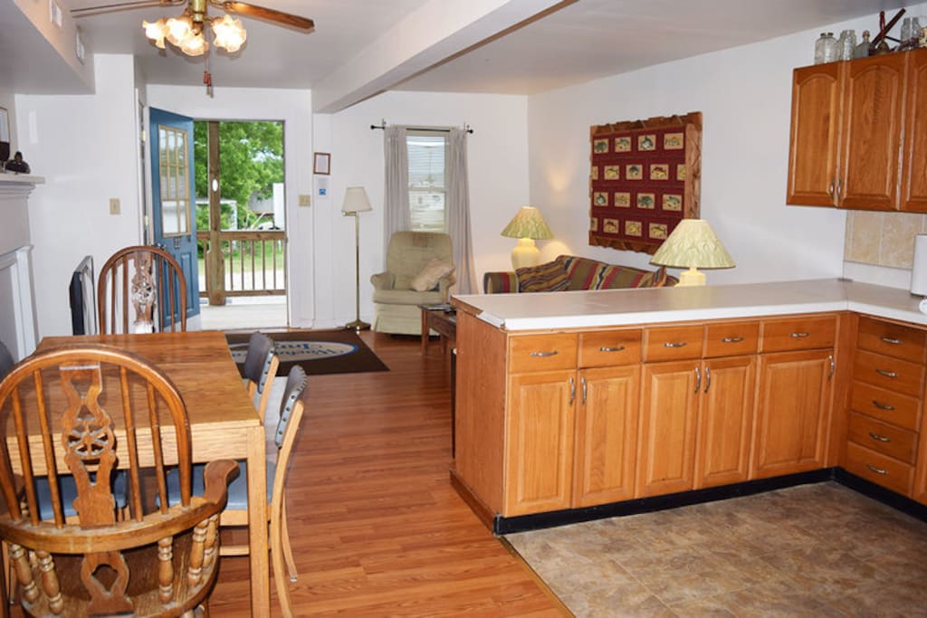 View of looking from the bedrooms out into the kitchen/living room area.