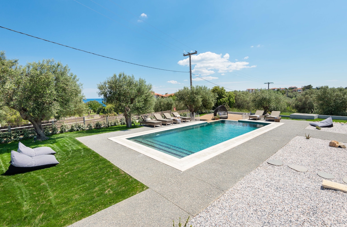 A shared pool area is surrounded by greenery, featuring multiple sunbeds and loungers positioned for relaxation. The pool's clear water reflects the sky, while a grassy lawn and pebble area offer additional outdoor space. Olive trees add to the serene atmosphere.