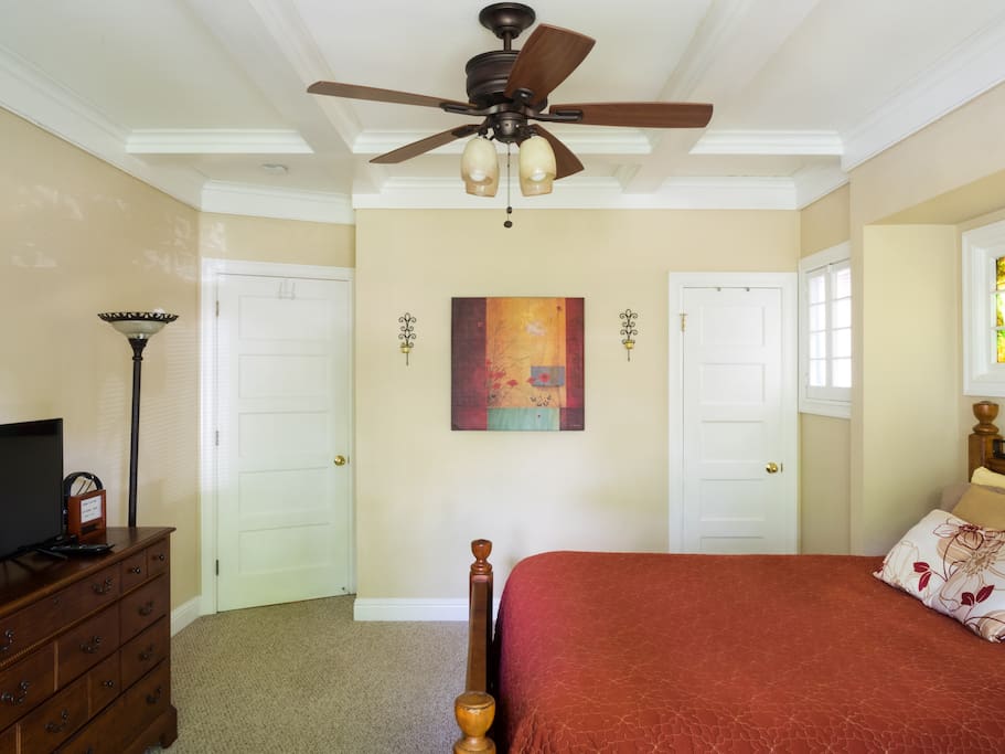 While the home is has both central heating and air, your room also has a beautiful ceiling fan that also provides extra light.