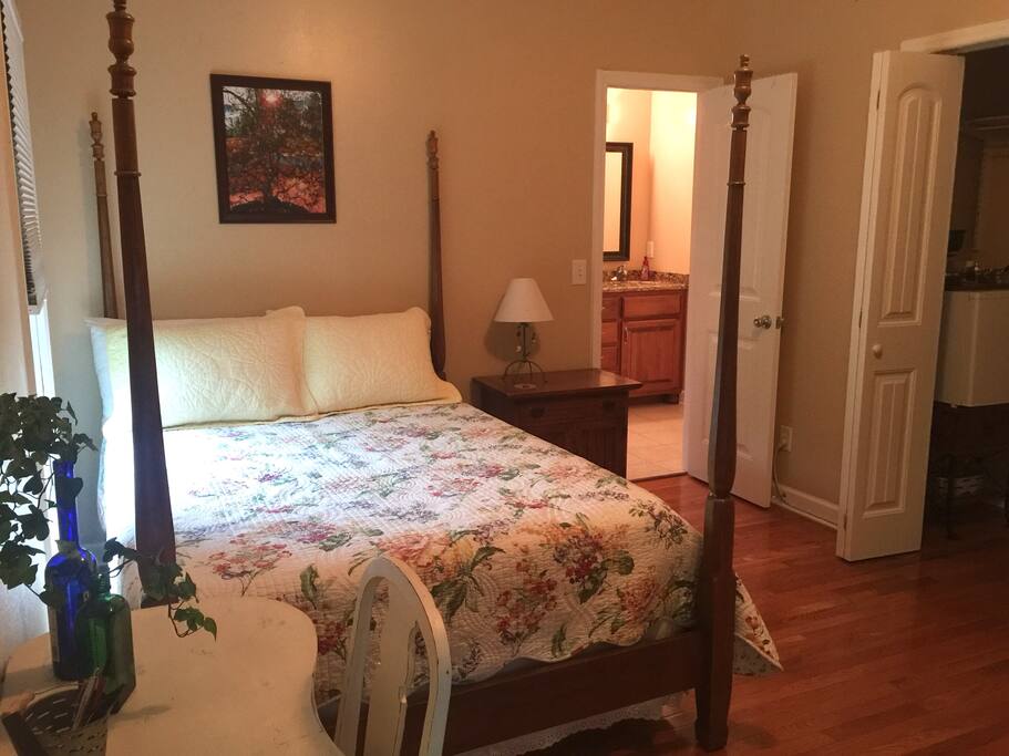 Full size bed with adjoining private bath. Refrigerator and coffee bar in large closet.