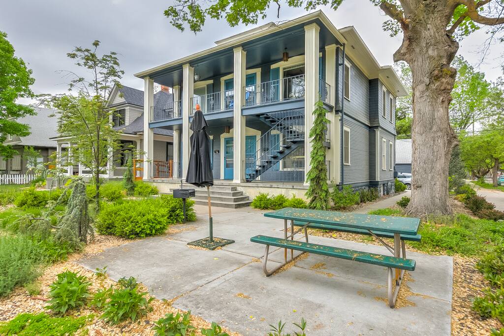 Shared park bench and outdoor BBQ
