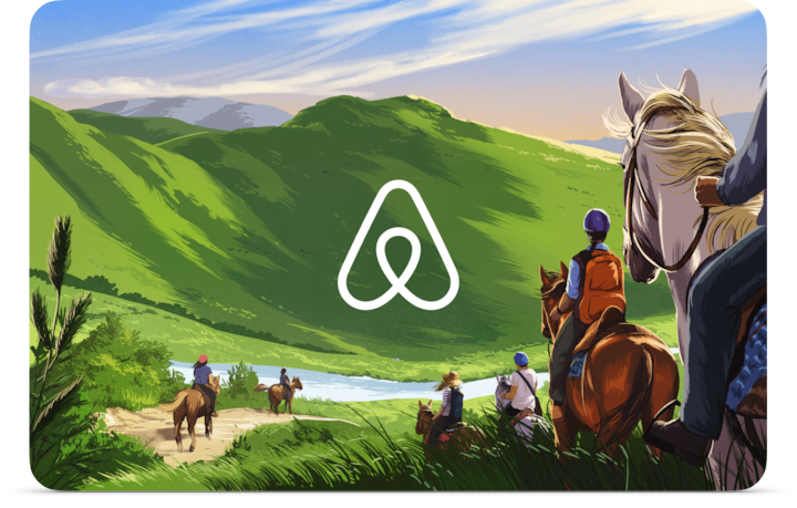 Illustration of six people on a horseback riding through a lush green valley toward a river. The Airbnb logo is in the center.