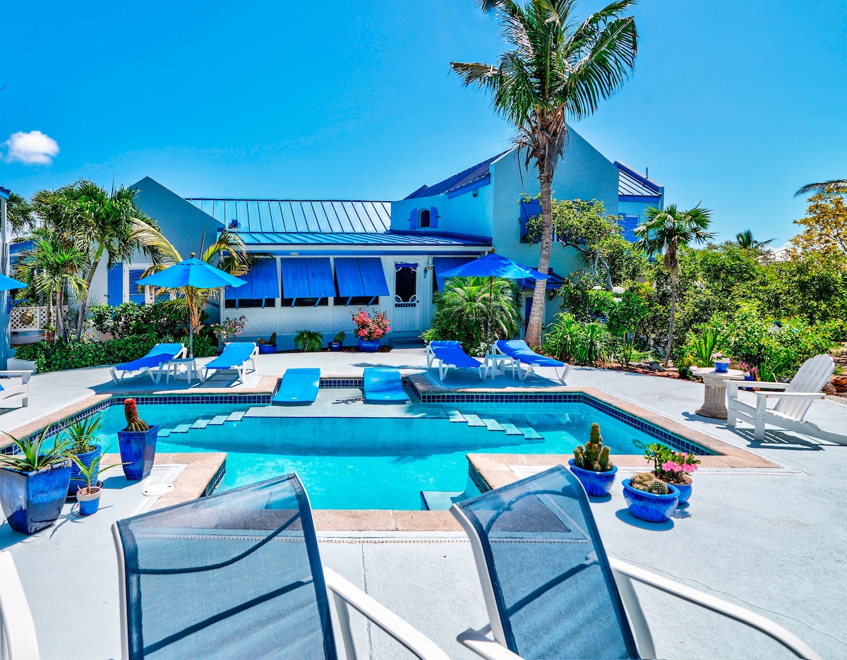 A well-maintained outdoor pool area features comfortable lounge chairs surrounding the water, with vibrant blue umbrellas providing shade. Lush greenery and colorful planters enhance the tropical atmosphere. A spacious villa with large windows and a blue roof is visible in the background.