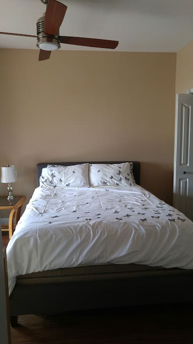 Comfortable bed with reading light next to bed