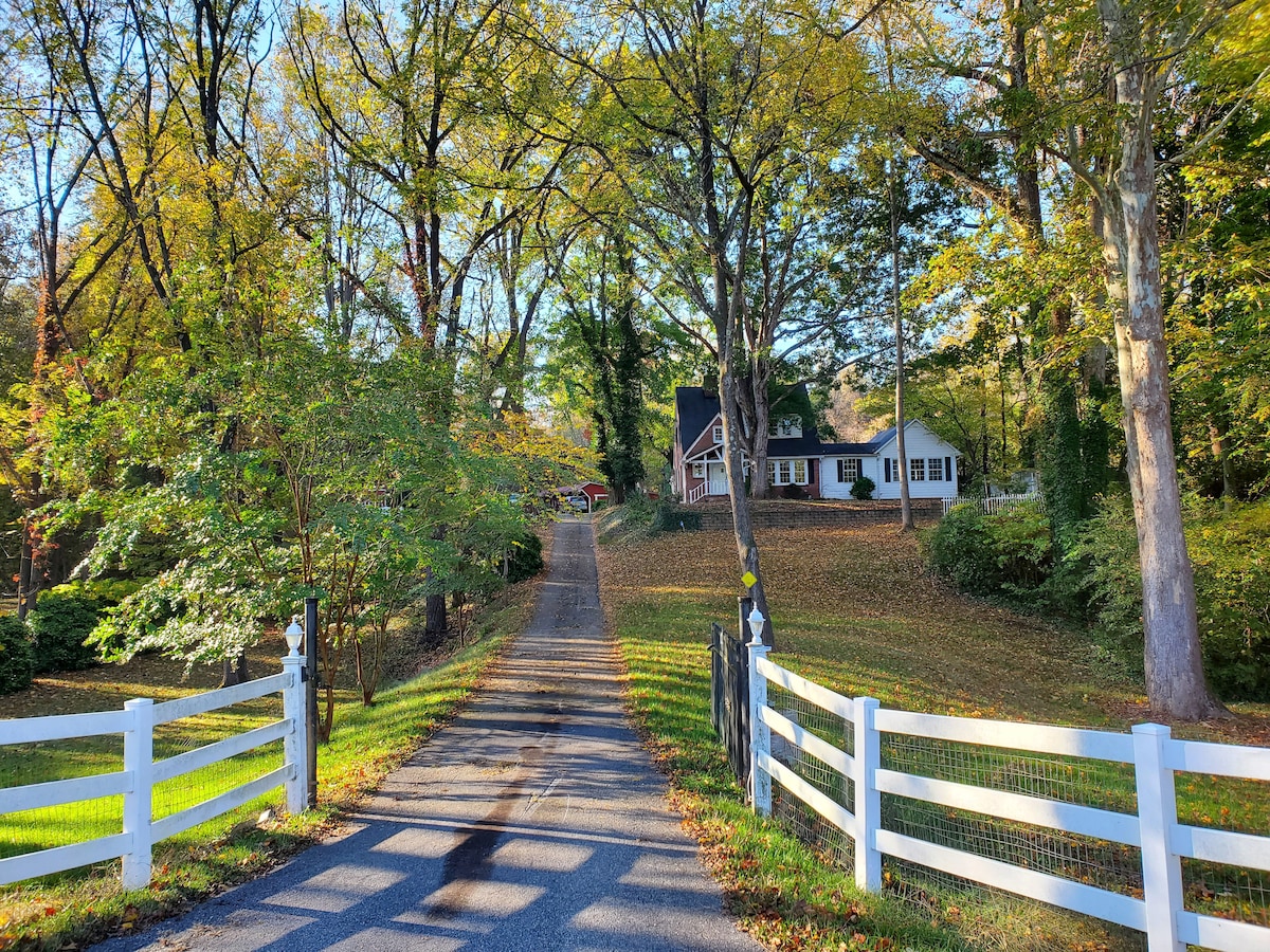 A gravel driveway leads toward a charming country home, framed by mature trees displaying autumn foliage. A white fence borders each side of the driveway, while a mix of green grass and fallen leaves covers the ground. The home sits peacefully in the background.