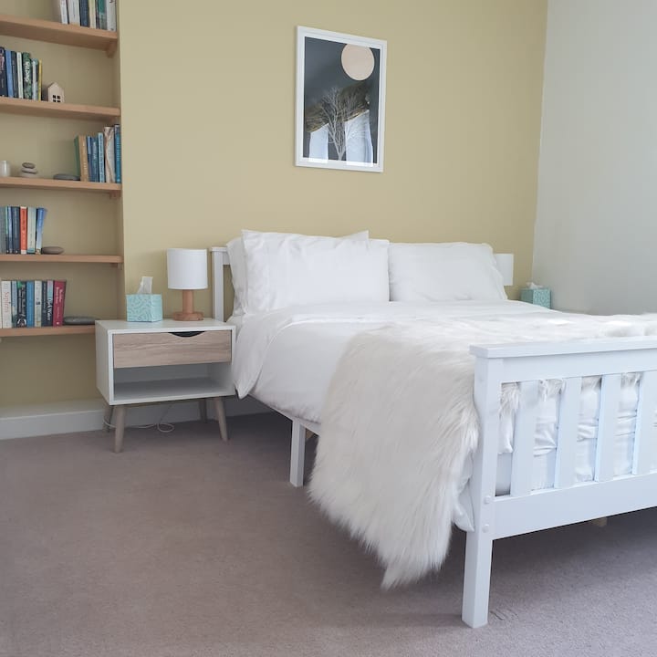 Udobna spavaća soba s mnoštvom knjiga.