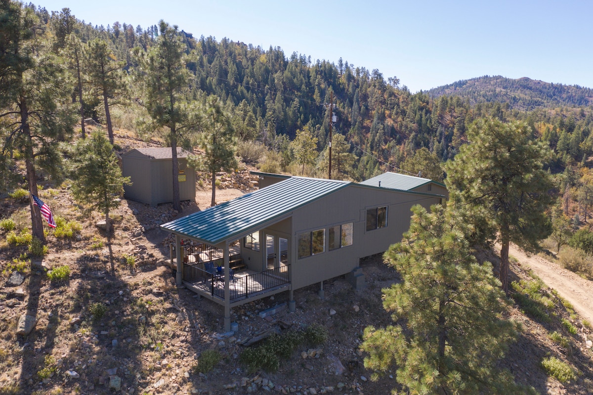 An aerial view of the cabin shows its modern design nestled among towering pine trees on a hillside. A spacious patio with a metal roof extends from the cabin, offering a shaded area for outdoor relaxation. The surrounding forest and mountains create a serene backdrop.