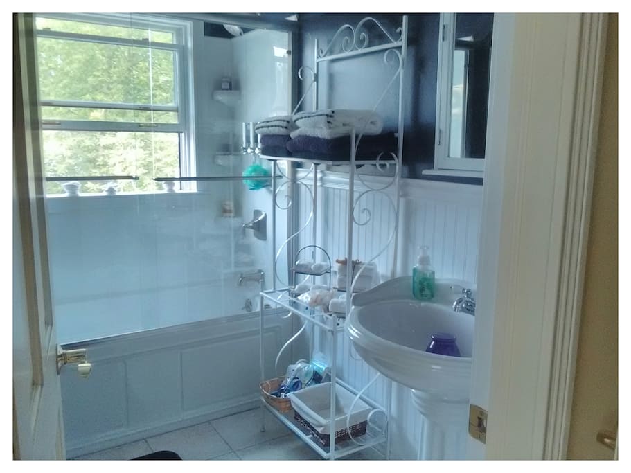 Bathroom with towels, soaps, shampoo etc.