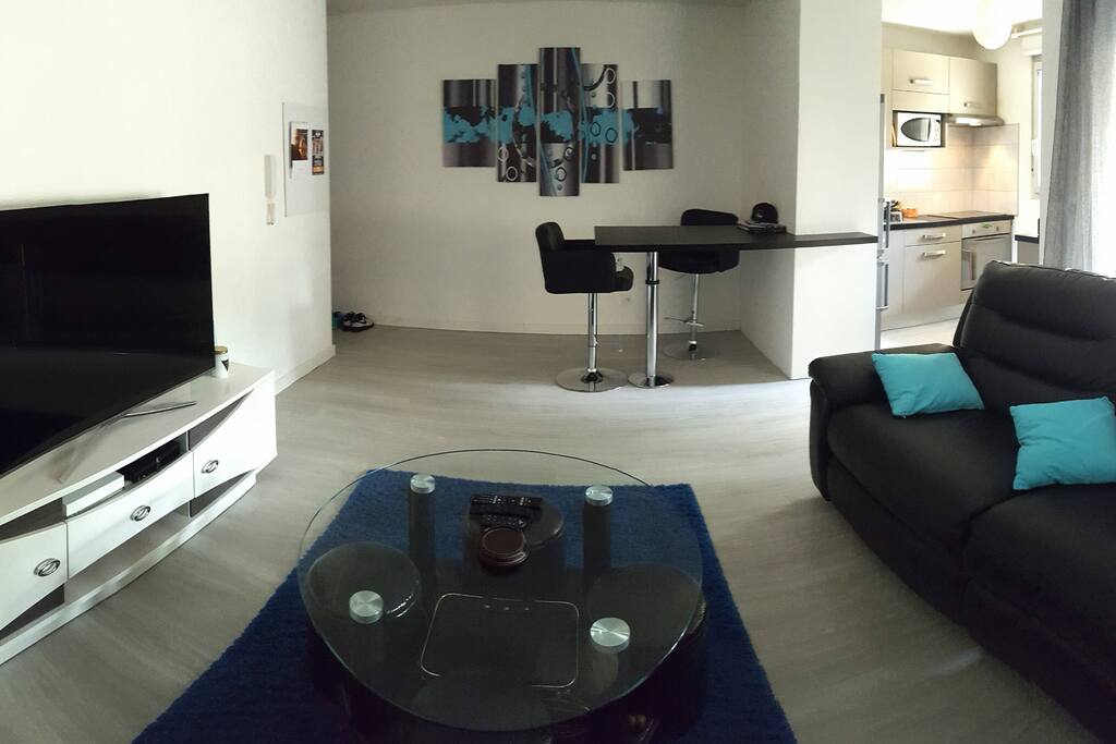 Salon tout confort , canapé relax , TV Plasma 100 , Table haute
