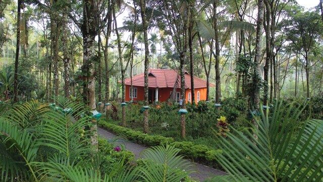 A charming cottage is nestled amidst lush greenery, featuring a red facade and a tiled roof. The surrounding area is marked by trees and foliage, with a pathway leading to the entrance, inviting guests to explore the tranquil environment of the plantation.