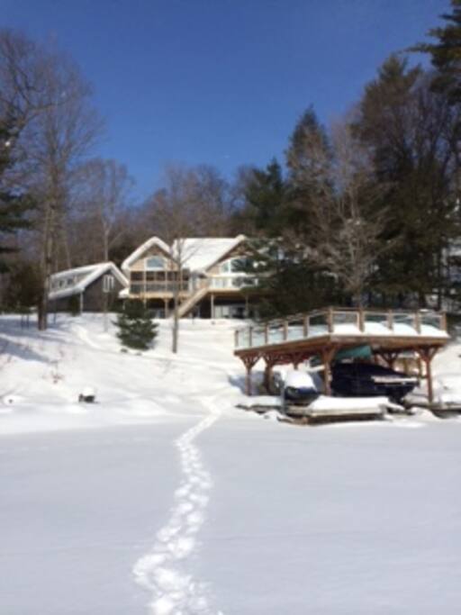 Boat port and cottage view from Lake Muskoka