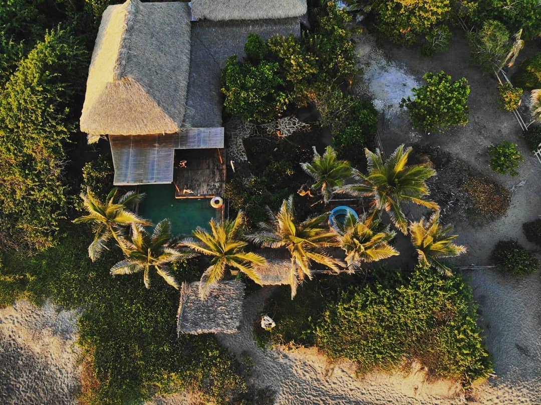 An aerial view showcases a thatched-roof house nestled among lush greenery, with palm trees surrounding a swimming pool. The outdoor space is complemented by natural landscaping, creating a harmonious connection with the tropical environment.