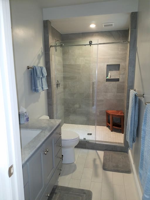 Newly remodeled bath with oversized shower