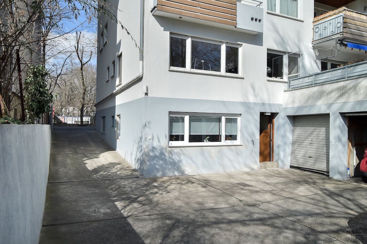 A modern building exterior is displayed with a smooth concrete driveway leading to a garage. Large windows provide natural light to the exterior, while the surrounding trees offer a touch of greenery. The entrance features a wooden door, adding to the overall contemporary design.