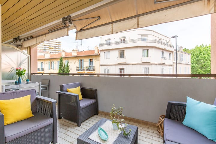 6/7min walk Palais-beach-Croisette WiFi-Terrace