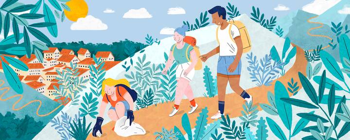 illustration of people hiking and cleaning up nature