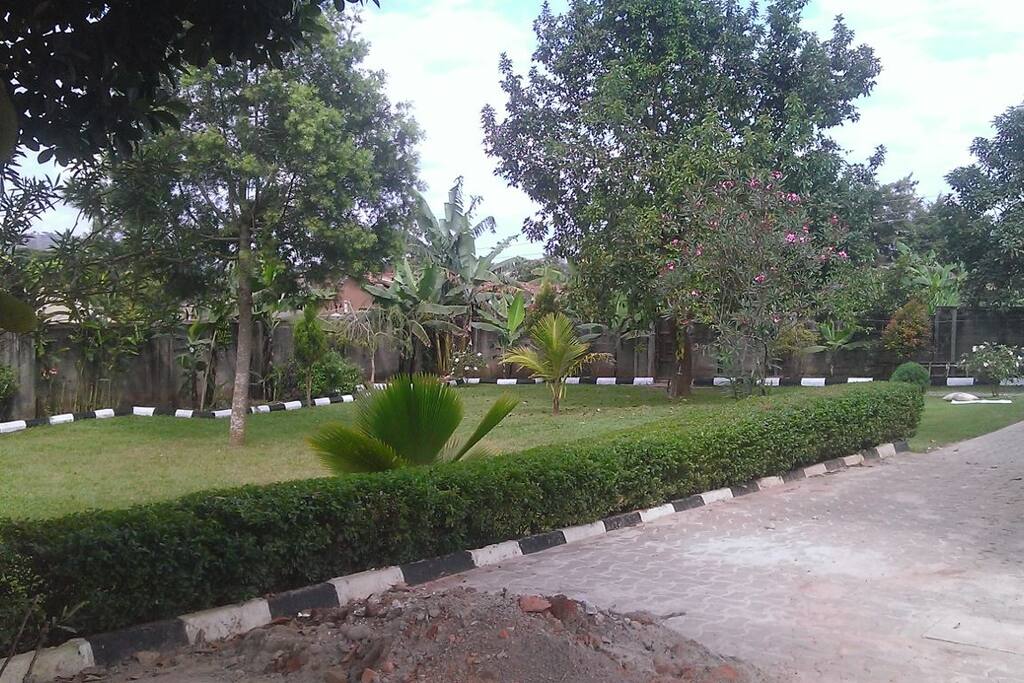 Spacious outdoor gardens with neatly manicured lawn