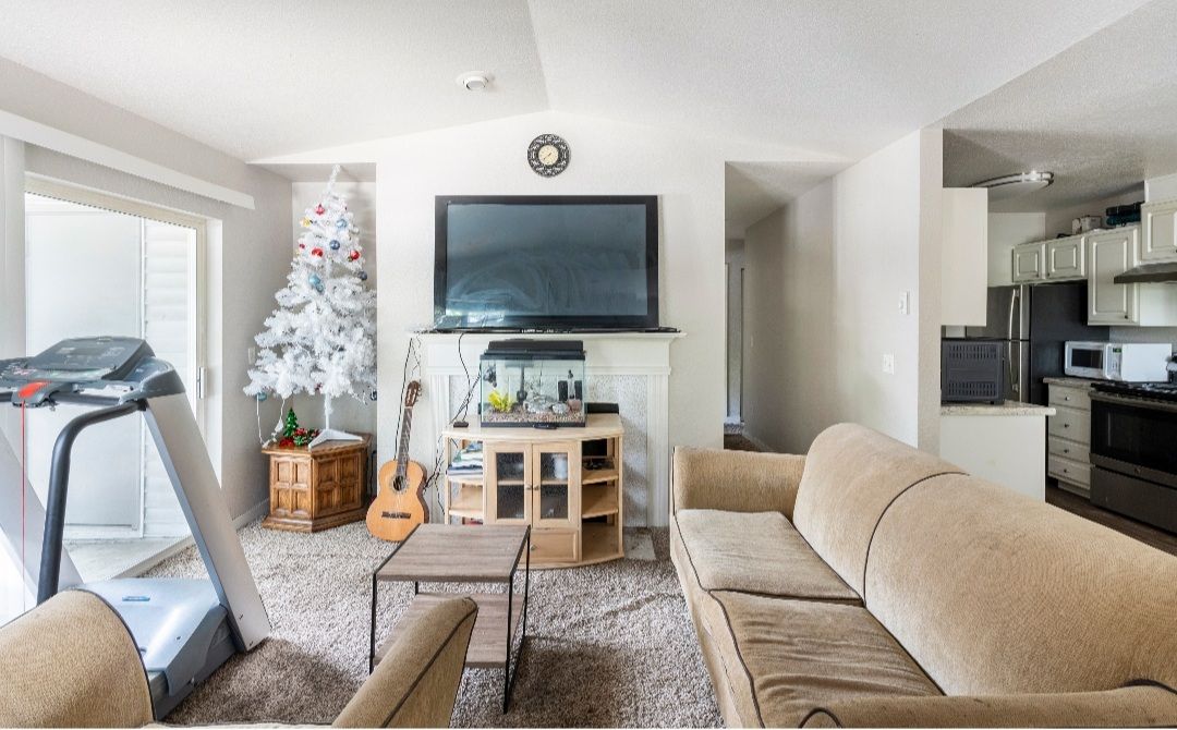 A living area features a neutral-toned sofa and a glass-top coffee table. A treadmill is positioned nearby. A large television is mounted above a decorative fireplace. A Christmas tree stands in the corner, and a wooden cabinet holds various items. A kitchenette is visible in the background.
