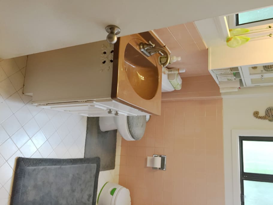 Bathroom has separate tub and shower.